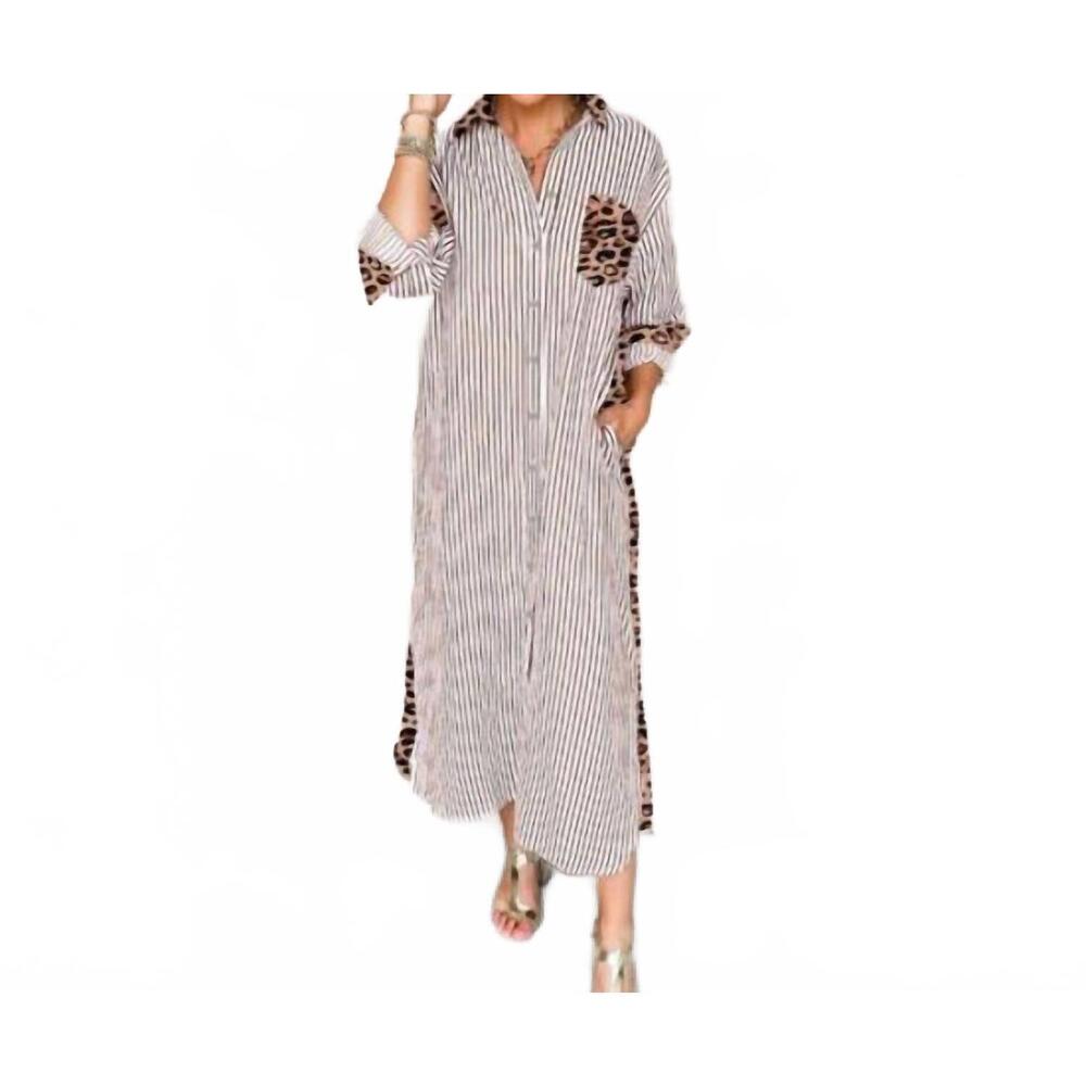 NEW AAPPARELLA stripe leopard patchwork maxi shirt dress in brown